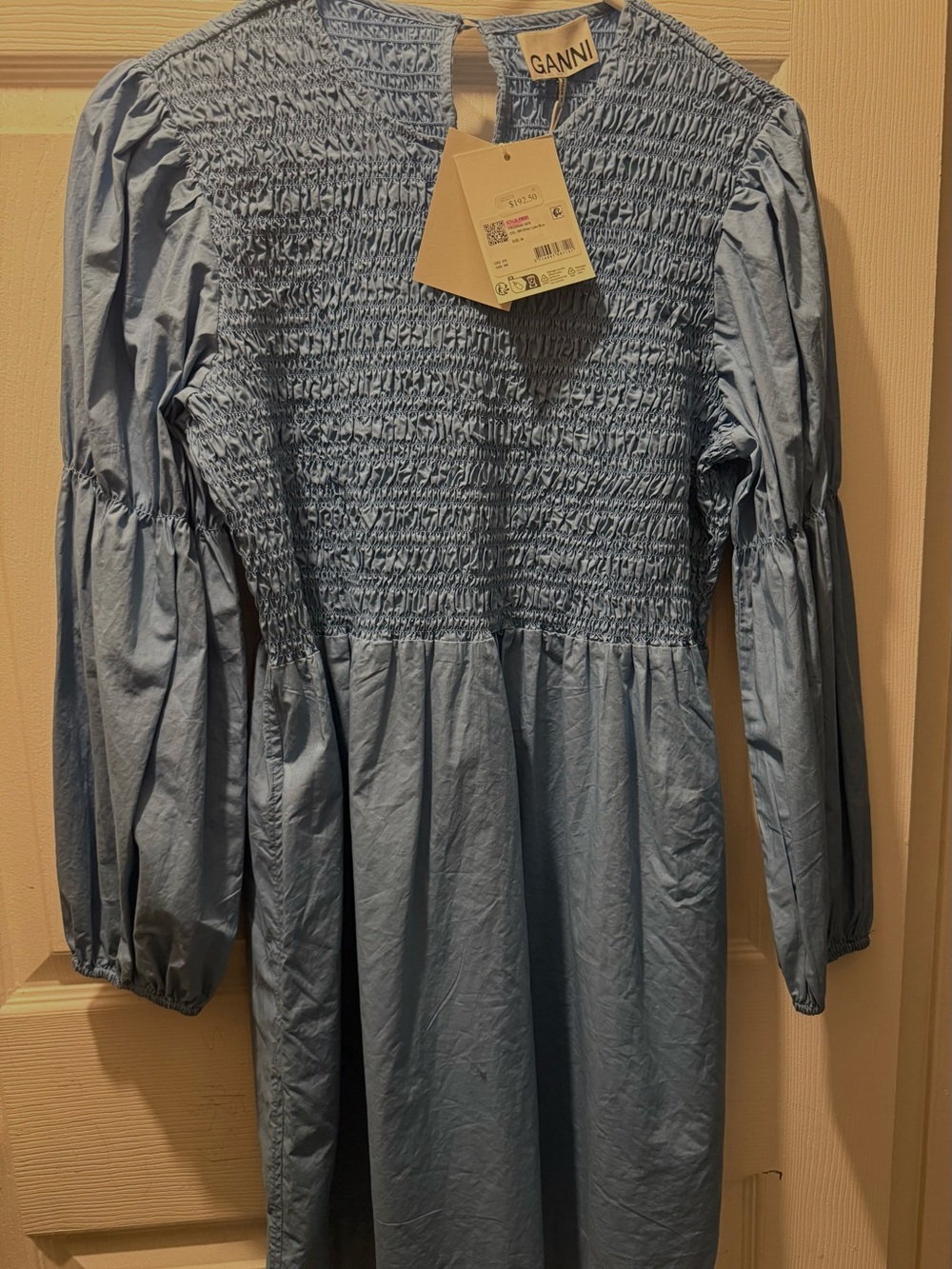 Ganni Light Blue Smocked Long-Sleeve Girls Dress